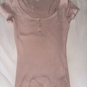 Guess Light Pink Ribbed Short Sleeve Top